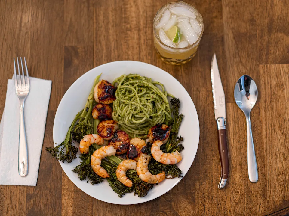 Spaghetti with Pistachio Pesto, Scallops, Shrimp and Broccoli